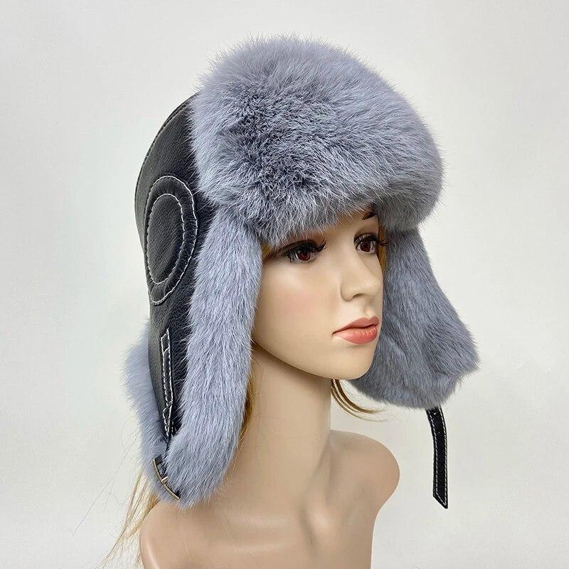 Men's 100% Natural Rabbit Fur Bomber Hats Winter Russian Man Warm Real Sheepskin Leather Hat Male Real Fur Rabbit Fur Caps