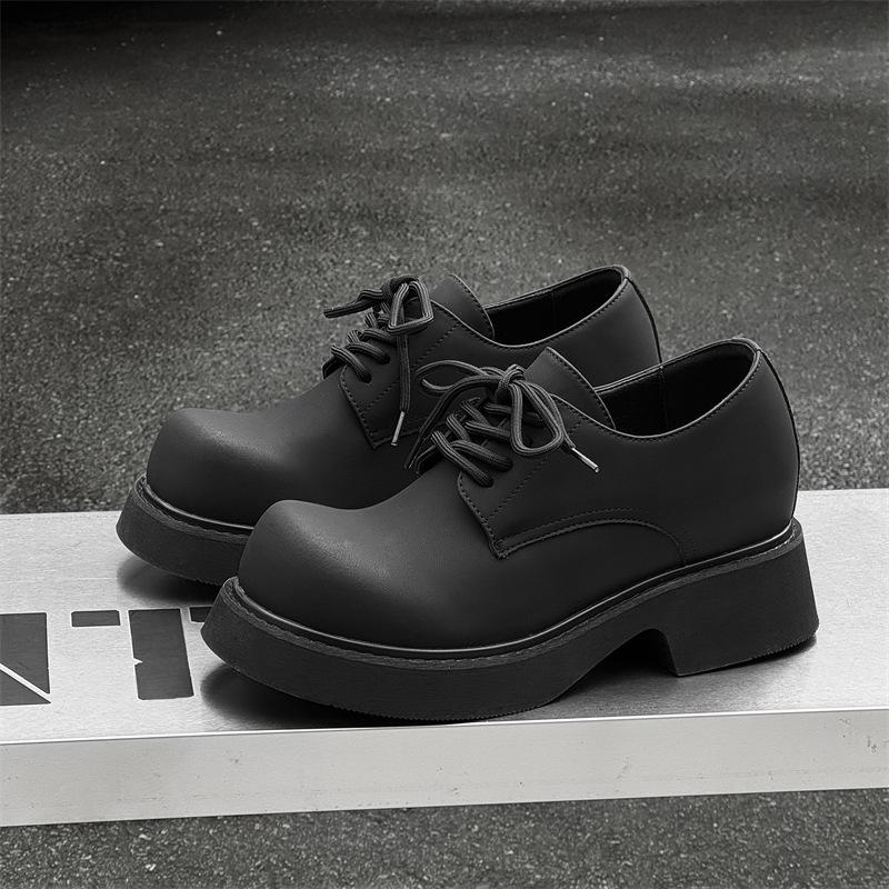2025 new paris round head derby shoes muffin middle heel black matte thick sole heightening casual leather shoes