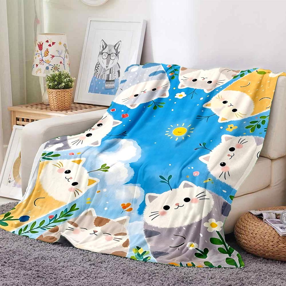 1pc Cats Flowers Lightweight Flannel Blanket, Comfortable and Warm Blanket, for Office and Camping Sofa Bed, Livingroom062