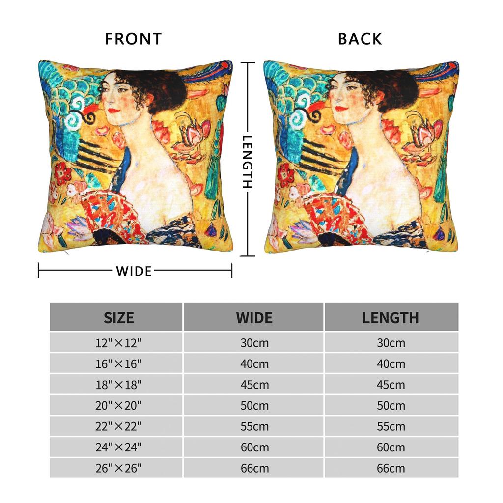 Gustav Klimt Lady with Fan Square Pillow Cases  Cushion Cover Novelty Zippered Decorative Pillowcase for Living Room 18x18