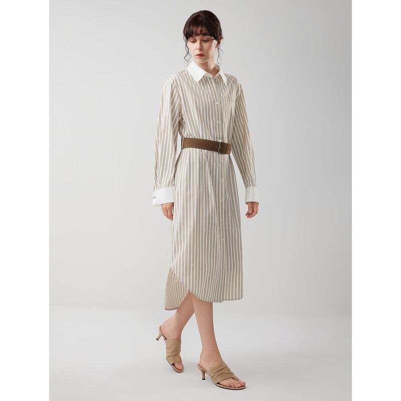 ELLE Women's Striped Waist-Cinching Shirt Dress