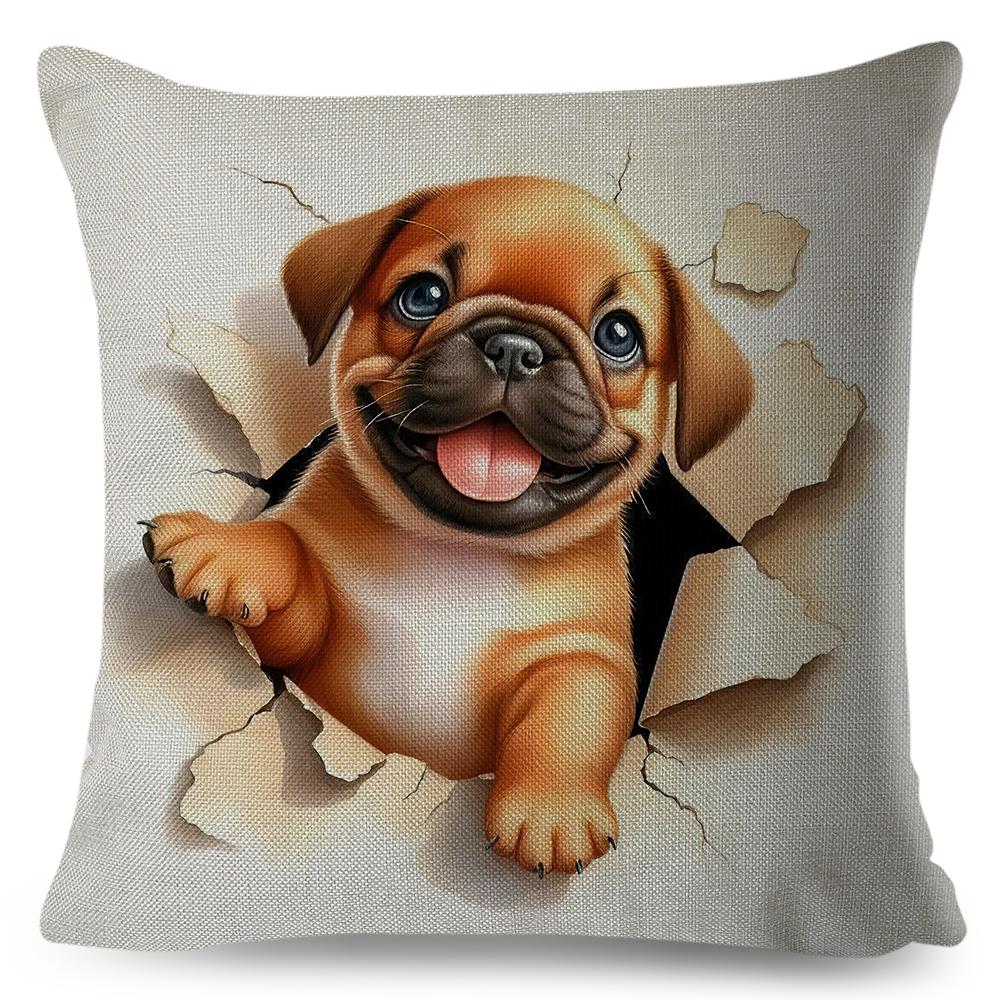 3D Crack Wall Lifelike Puppy Print Throw Pillow Cover Gentle Skin Touch Sofa Bedroom Household Decor Present
