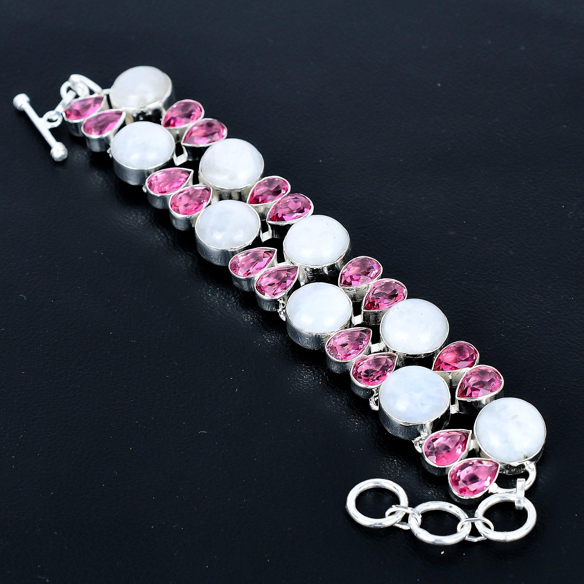 

White Moonstone Bracelet 925 Sterling Silver Bracelet Handmade Bracelet Silver Jewelry Rubellite Gemstone Bracelet Any Occasion Gift For Her 8 білий