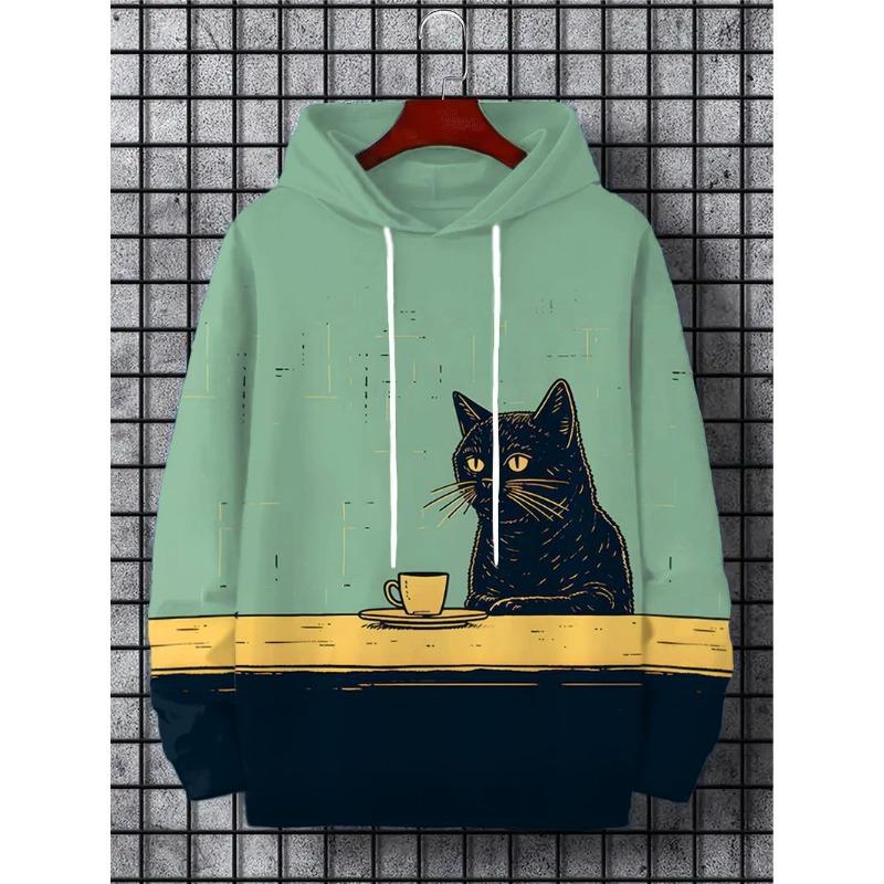Men's Hoodie Cartoon Cute Cat Print Y2k Sweatshirt Harajuku Hooded  Pullover Casual Oversized Long Sleeve Top Men's Clothing