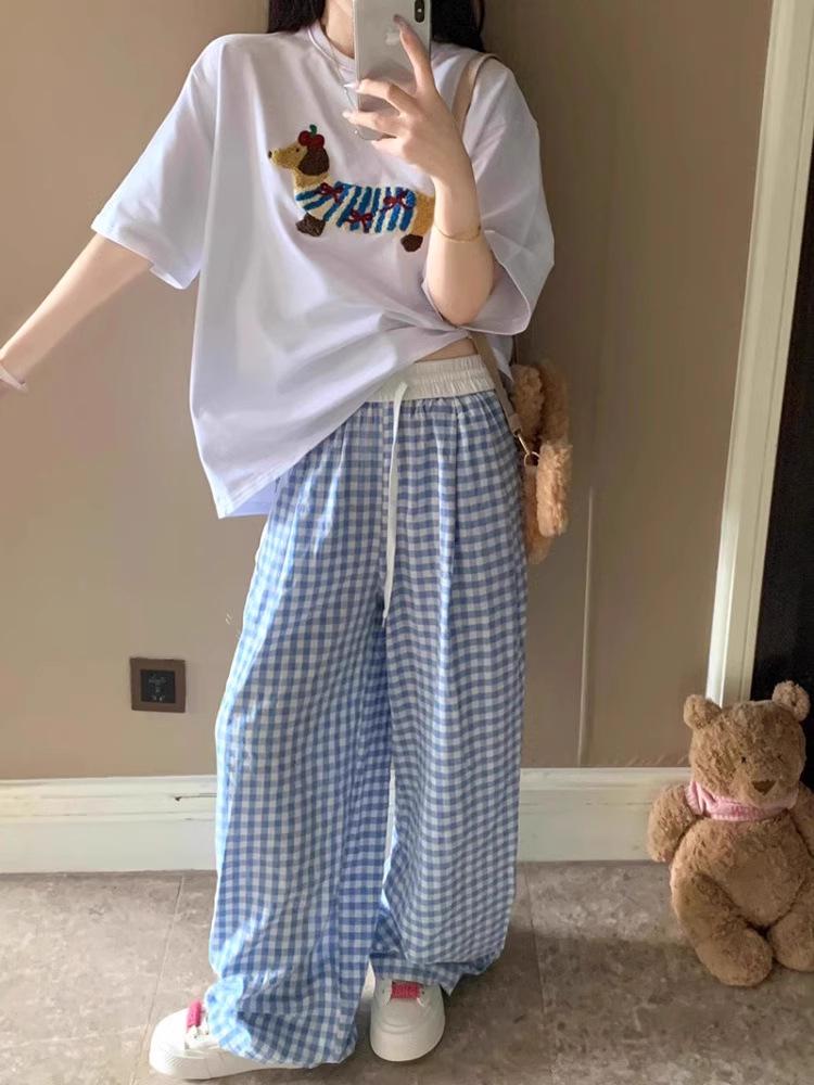 

Девичьи дофаминовые синие клетчатые женские летние брюки широкие от бедра - ленивый повседневный стиль Ямамото. XL синий