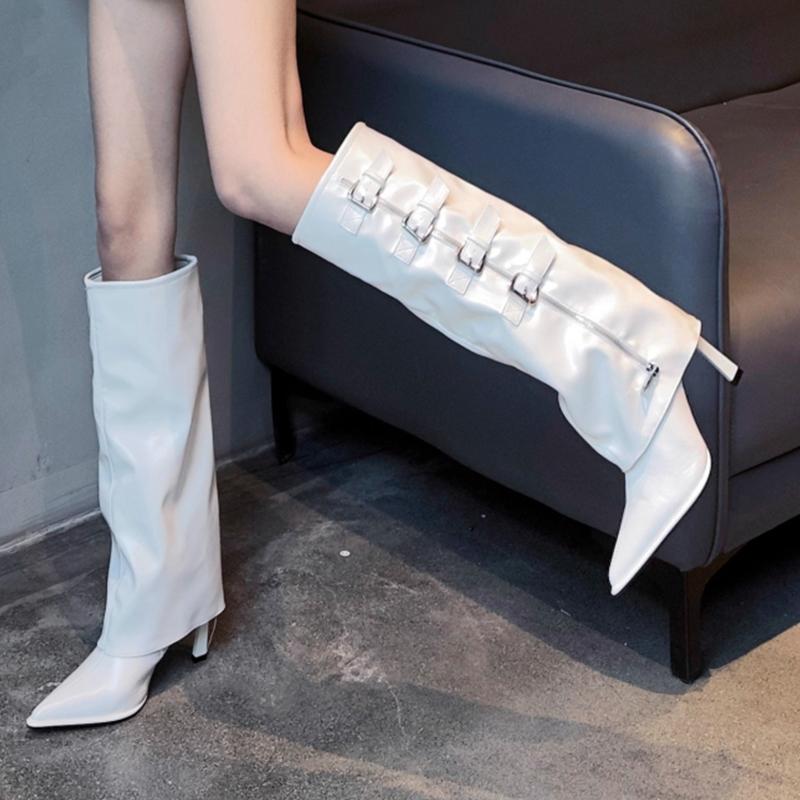 

Модные женские ботфорты на высоком каблуке с острым носком, дизайнерская обувь, зимние роскошные туфли-лодочки для платья, новая мода 2025, сексуальные ботильоны челси для женщин 43 белый