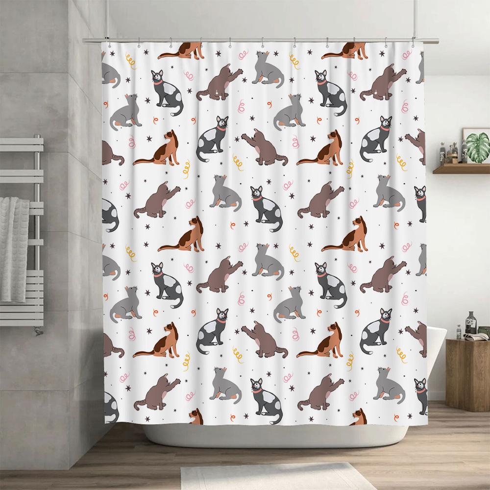 Whimsical Cat Pattern Shower Curtain Multicolored Feline Print for Bathroom Decorations with Hooks Included In White