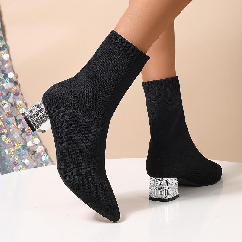 Stretchy Socks Boots Temperament Pointed Toe Knit Breathable Non-Slip Sleeve Rhinestone Heeled Booties