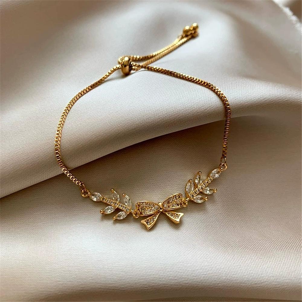 Crystal Fashion White Zircon Stone Bowknot Bangle Bracelets For Women Trendy Gold Color Wedding