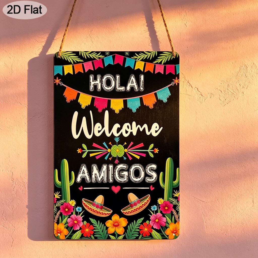 2D Flat 1pc Mexican Welcome Sign - Vintage "Hola! Welcome Amigos" Aluminium Wall Decor with Mexican Straw Hat & Cactus, Aluminium Decoration for