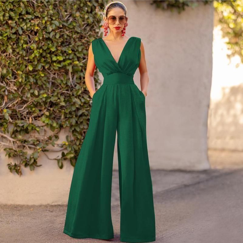 

2025 European and American Fashion Summer New Slim fit Jumpsuit High Waist Slimming One-Piece Straight Wide Leg Pants Women Army Green S
