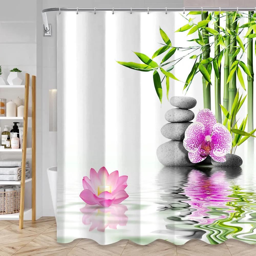 Green Bamboo Zen Shower Curtains Set, Spa Stones and Orchids Flowers Polyester Fabric Bath Curtain with Hooks Bathroom Decor