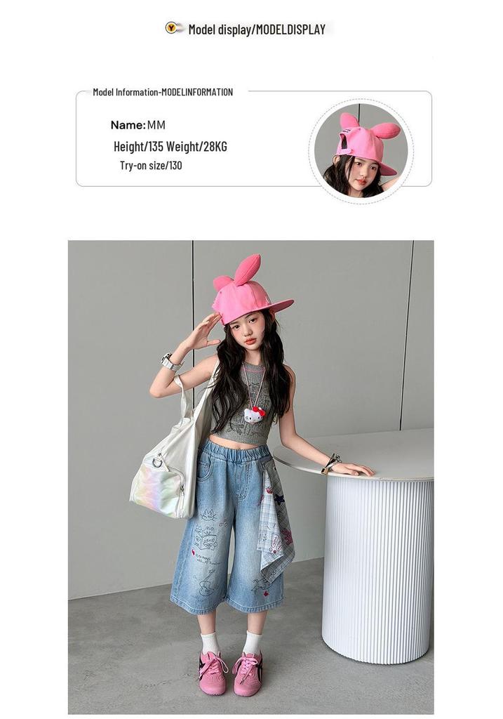 Summer 2026 Cartoon Graffiti Girls' Wide-Leg Jeans - Medium & Large Sizes, Thin Seven-Quarter Length