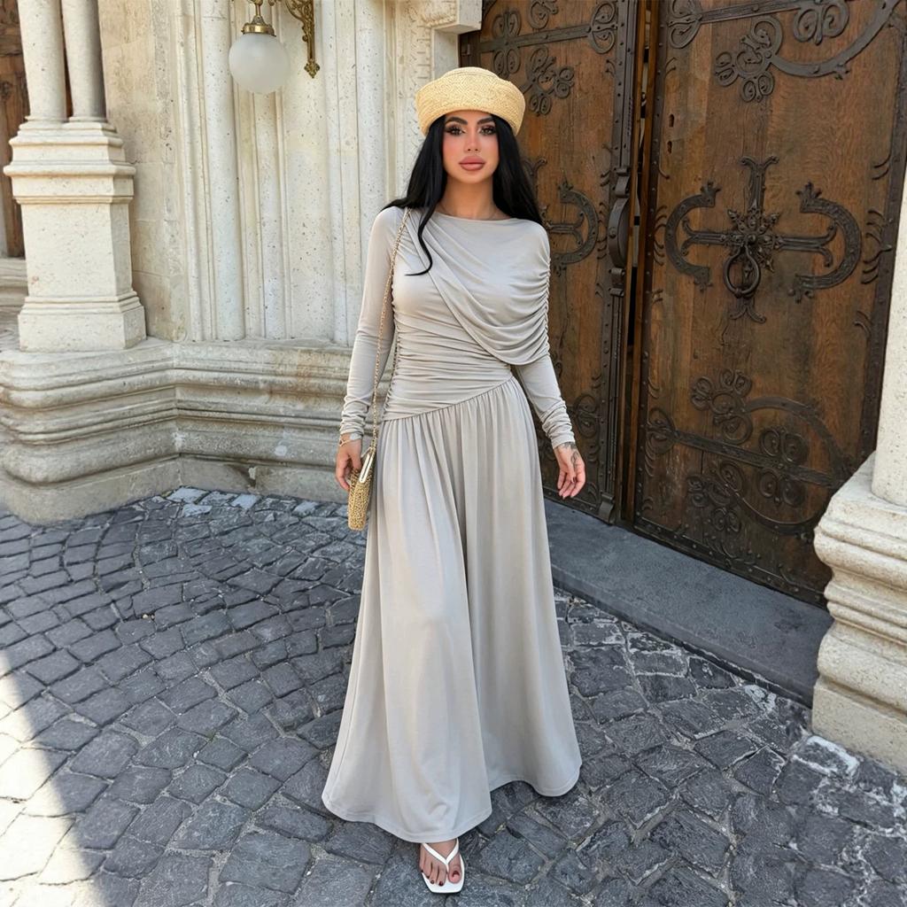 Spring temperament celebrity style splicing pleated long-sleeved dress slim and thin solid color long dress women's clothing