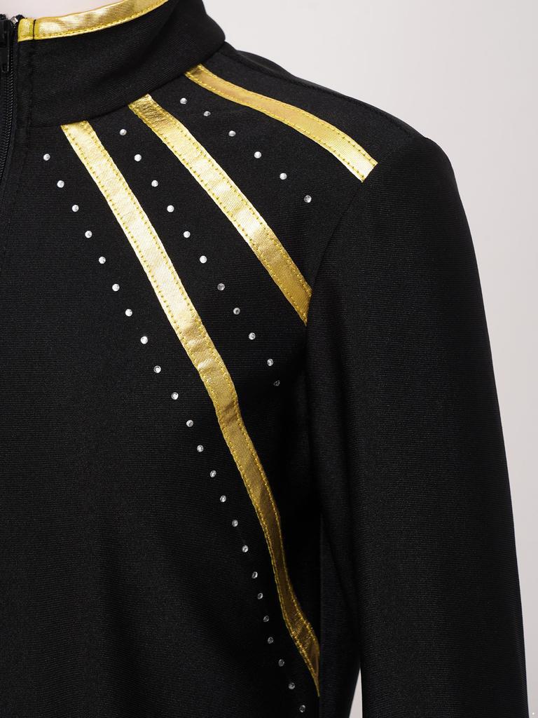 Sweat à capuche enfant scintillant avec strass et rayures métalliques, fermeture éclair, col montant, manches longues pour le patinage artistique, la gymnastique, l'entraînement