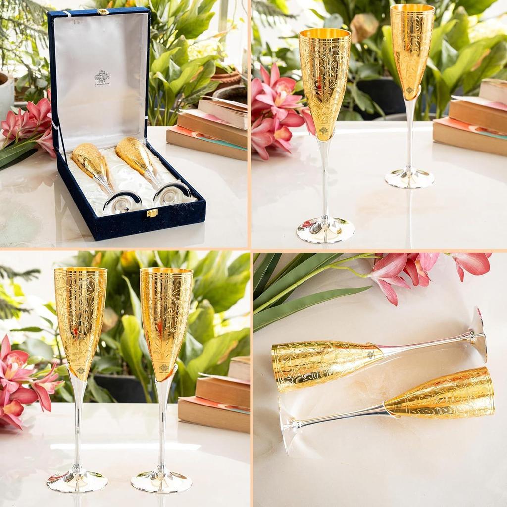 Set of 2 Silver Gold Polish & Brass Champange Wine Glass with Blue Box, Best for Parties, Diwali Gift Set of 2