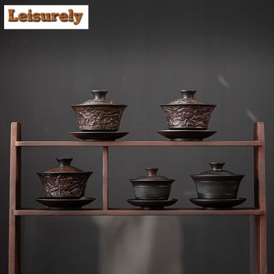 Handmade Qingxi Purple Pottery Gaiwan Stacking Carving Three Talent Tea Tureen Chinese Tea Brewing Cover Bowl Tea Services Gift