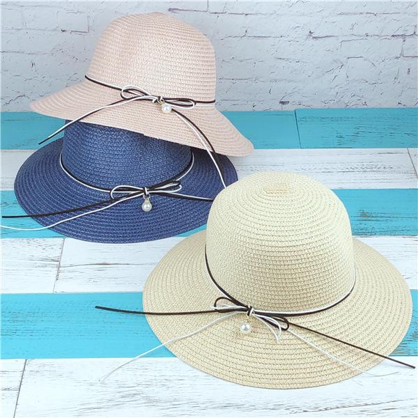 Summer hat female tide straw hat pearl versatile sunshade sunscreen bucket hat handmade foldable beach hat