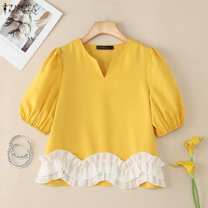 ZANZEA Women Casual V-Neck Summer Short Sleeve Splice Blouse