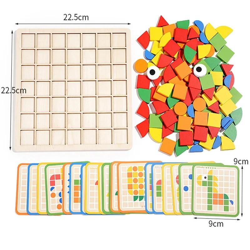 Wooden Mosaic Puzzles Geometric Shapes Building Blocks Pattern with Design Cards Kindergarten Classic Educational Shape Puzzle
