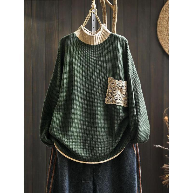 

Женский винтажный свободный свитер с круглым вырезом и заплатками, повседневный свитер с длинными рукавами в китайском стиле One size зелёный