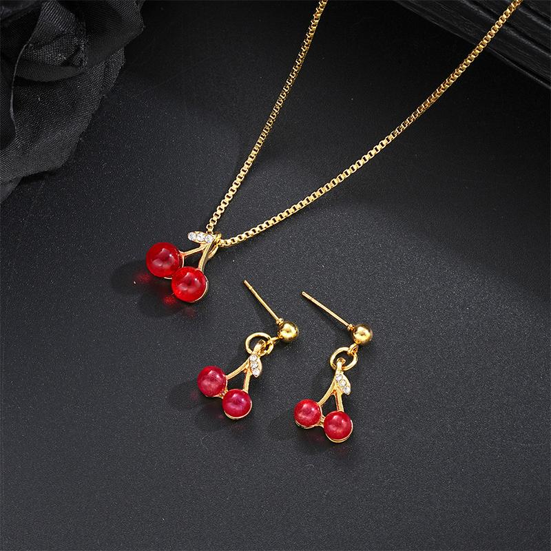 Red Cherry Pendant Necklace Stud Earrings Set Women'S  Fruit Necklace Earrings Jewery Set For Party Wedding Girls Gifts