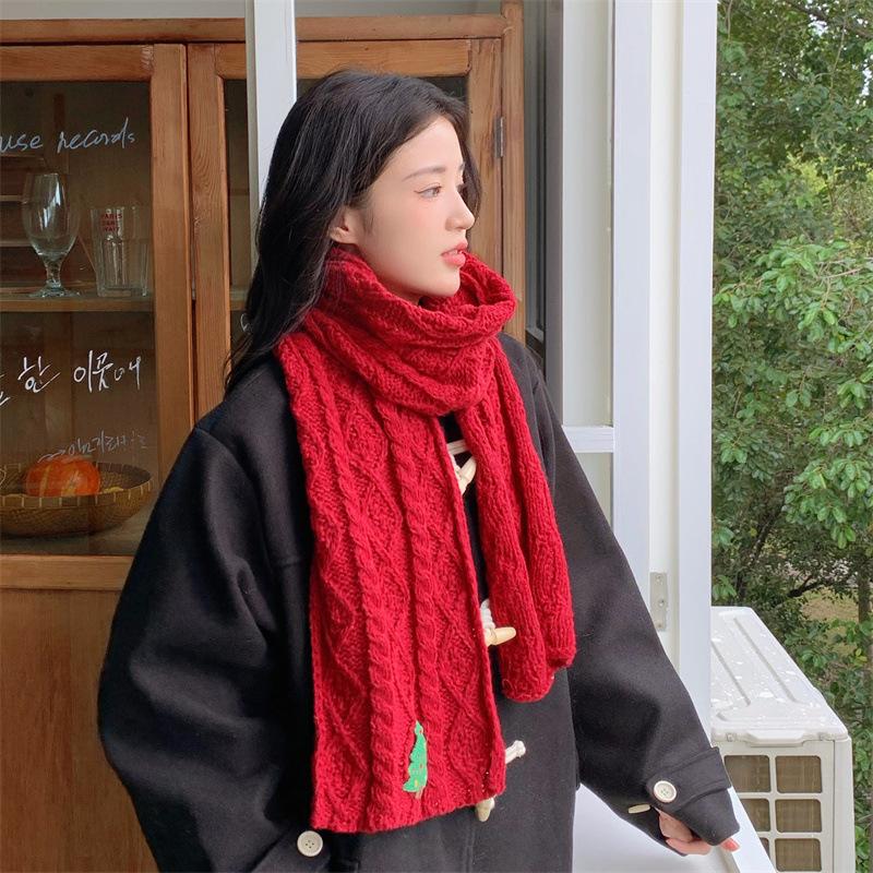 Season red knitted scarf Christmas gift thickened warm and cold scarf Japanese niche fashion versatile