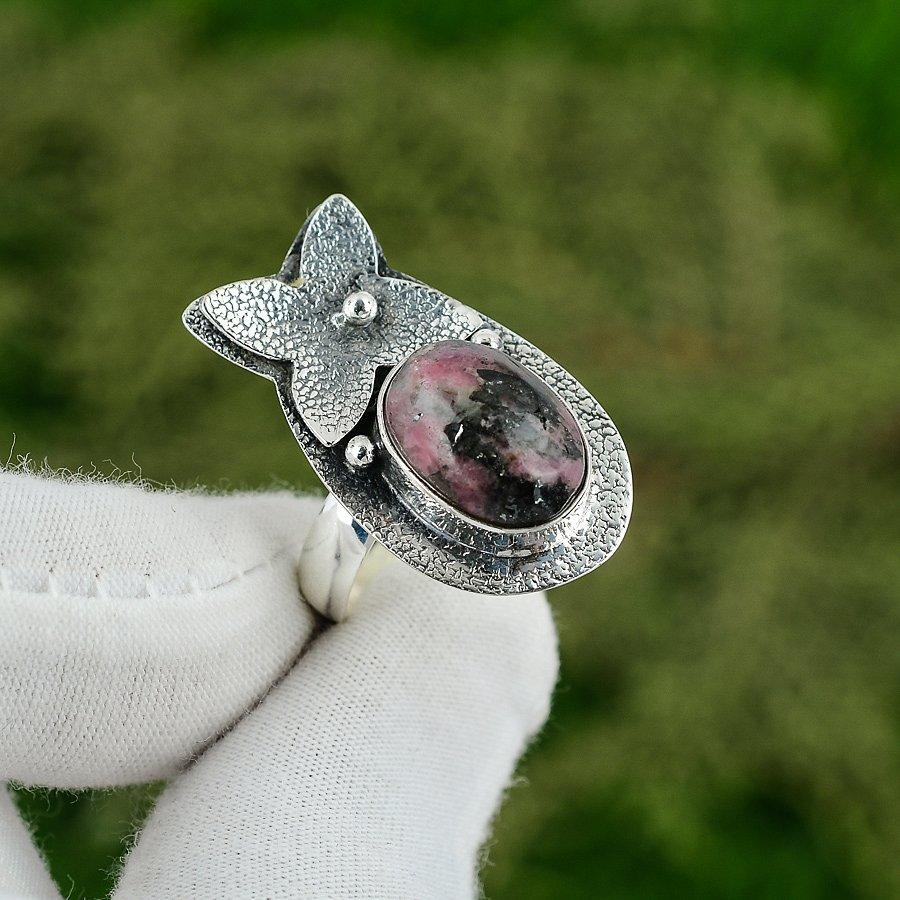 Natural Rhodonite Gemstone Solitaire Adjustable Ring 925 Silver For Girls Adjustable
