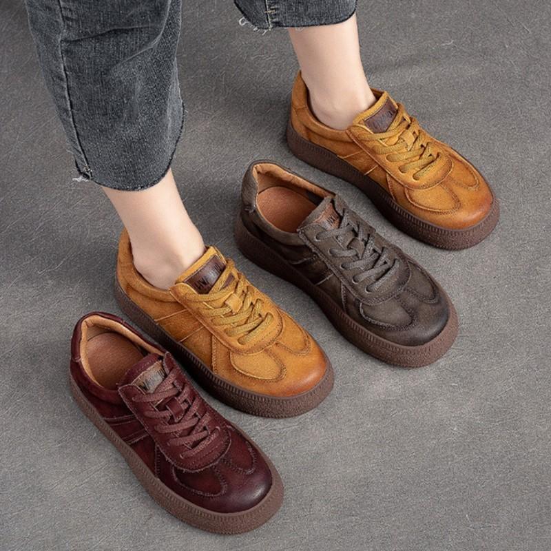 Johnature Lace-up Casual Flat Shoes Genuine Leather Retro Round Toe Thick Sole Versatile Women's Shoes