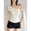 H Home European and American Women's Clothing Cool Fancy Oblique Shoulder Ribbon Design Tops Asymmetrical Ruched Pure Color Dancing T-shirt