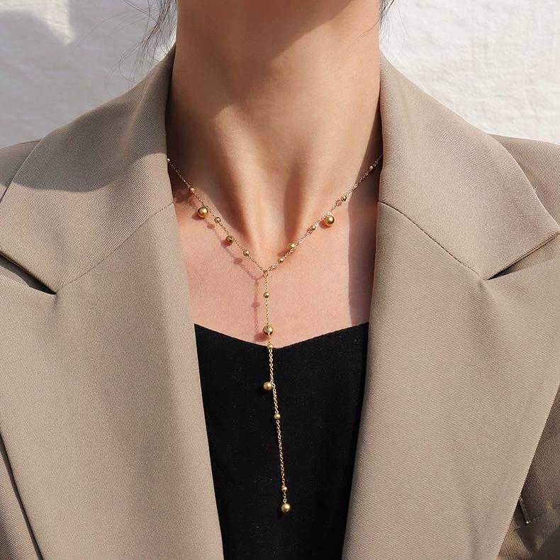 LT-P794 Ins Cold Style Trendy Bead Long Tassel Necklace Women's Collarbone Neck Chain Sweater Chain Stainless Steel Party