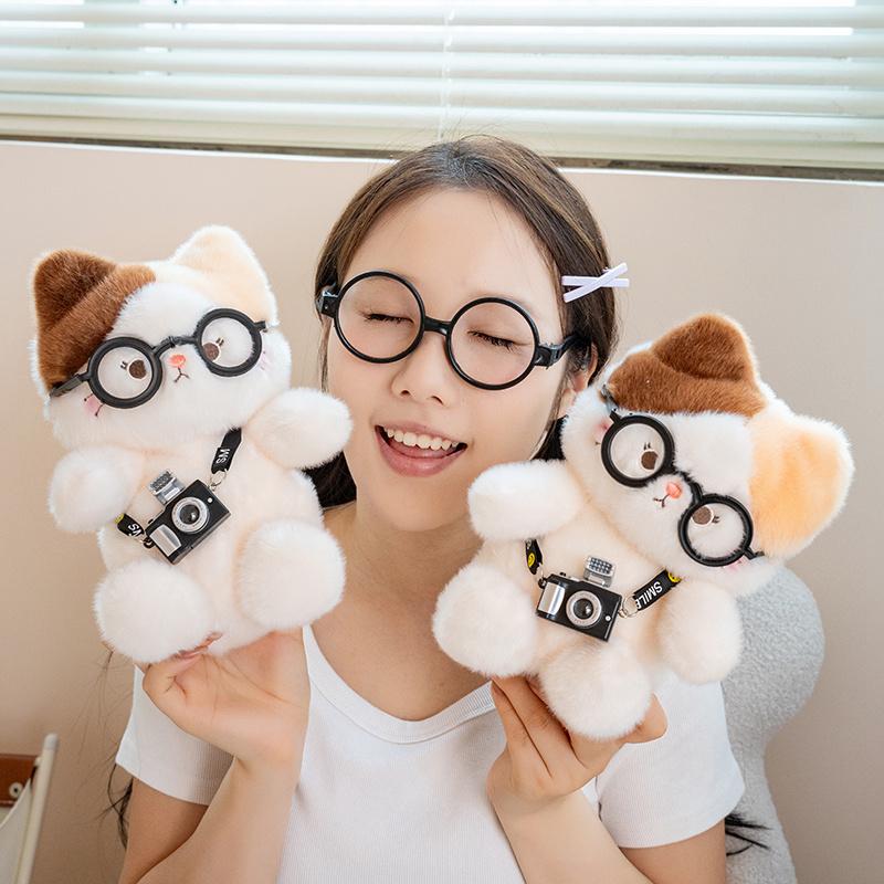 15/20cm Pudding Three Flower Cat Camera Plush Doll New Cat Wearing Glasses And Headphones, Girl Emotion Companion Doll Gift