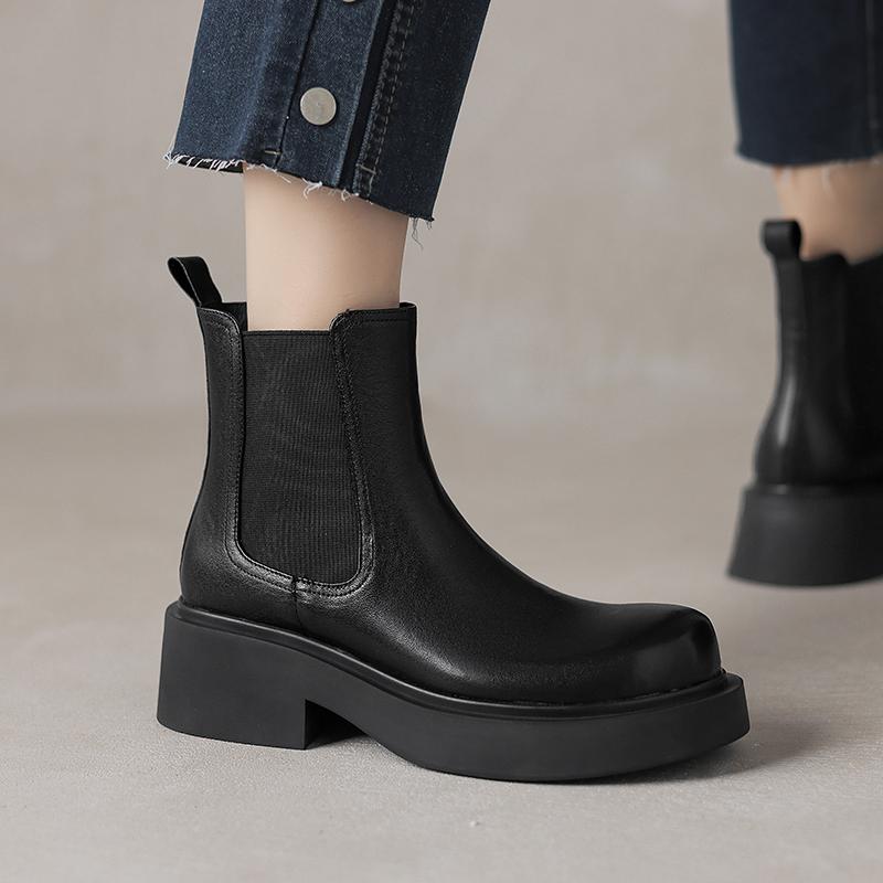 Fashion 2024 New Genuine Leather Winter Women Boots Brogues Platform Motorcycle Boots Ankle Boots Retro Cowhide Slip-on Ladies Shoes