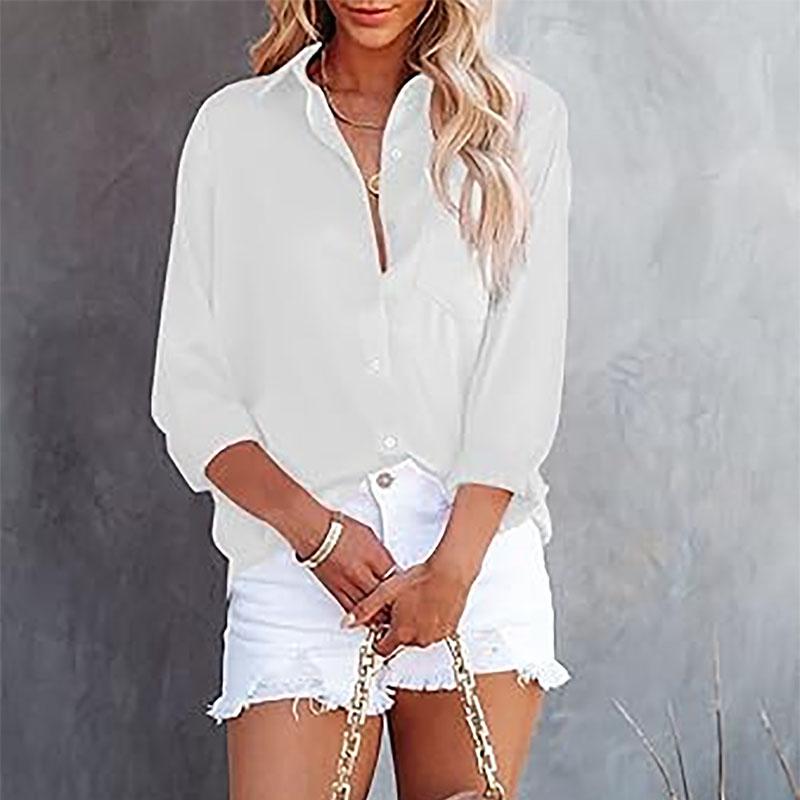 Ladies Spring Summer Long Sleeve Solid Color Soft Pocket All Match Blouse Shirt Top
