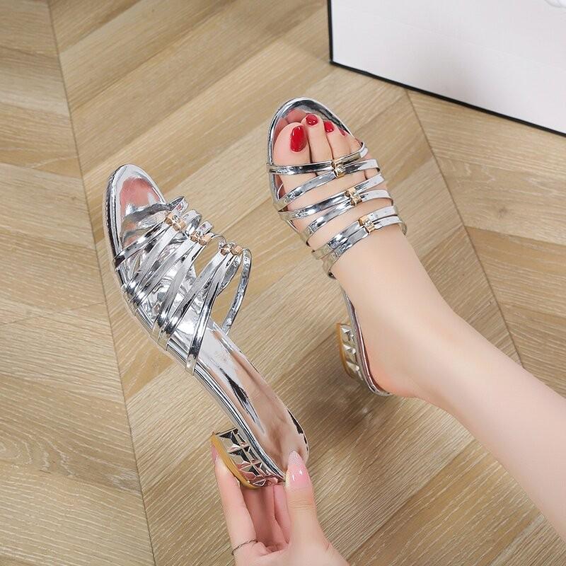 Fashion Square Heel Slippers Summer New Round Toe Open Toe Thin Strap Woven Slip-on Non-slip Wear-resistant Kitten Heel Shoes