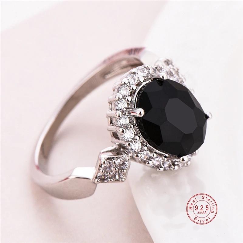 Genuine Sterling Silver Stackable Ring Round Black CZ Crystal Finger Ring for Women Wedding Party Bague Bijoux