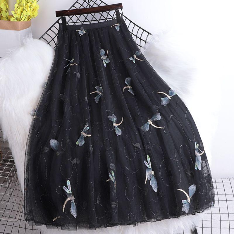 

MOJTA, весенне-осенняя женская большая распашная юбка, универсальная сетчатая эластичная юбка трапециевидной формы средней длины с высокой талией one size чёрный