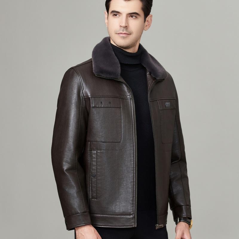 Genuine Leather Jacket Men's Winter Velvet Thickened Fur All-in-one Middle-aged and Elderly Casual Jacket Sheepskin Leather Jacket