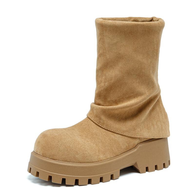 

2025 осень и зима новые коричневые модные ботинки универсальные толстая подошва увеличивающие рост ретро повседневный стиль брюки-карго труба ботинки женский тренд 40