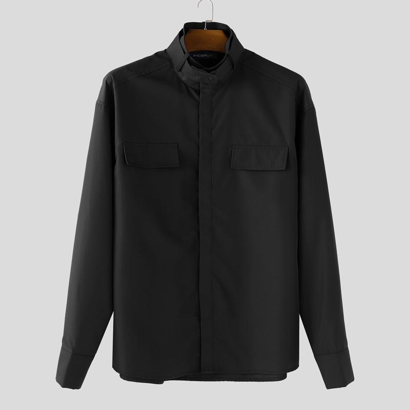 INCERUN S-5XL Men Casual Stand Neck Long Sleeve Loose Cargo Shirts Tops