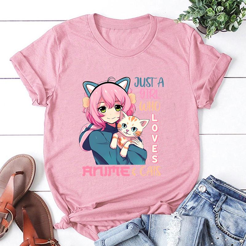 New Hot Just A Girl Who Loves Anime Cats Printed T-Shirts Women Unisex Casual Loose Round Neck Creative Personalized T-Shirt