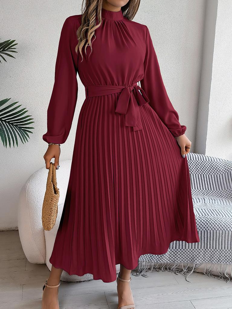 Fall Elegant Stand Collar Long Sleeve Ruched Waist A-Line Dress Women's Formal Wear