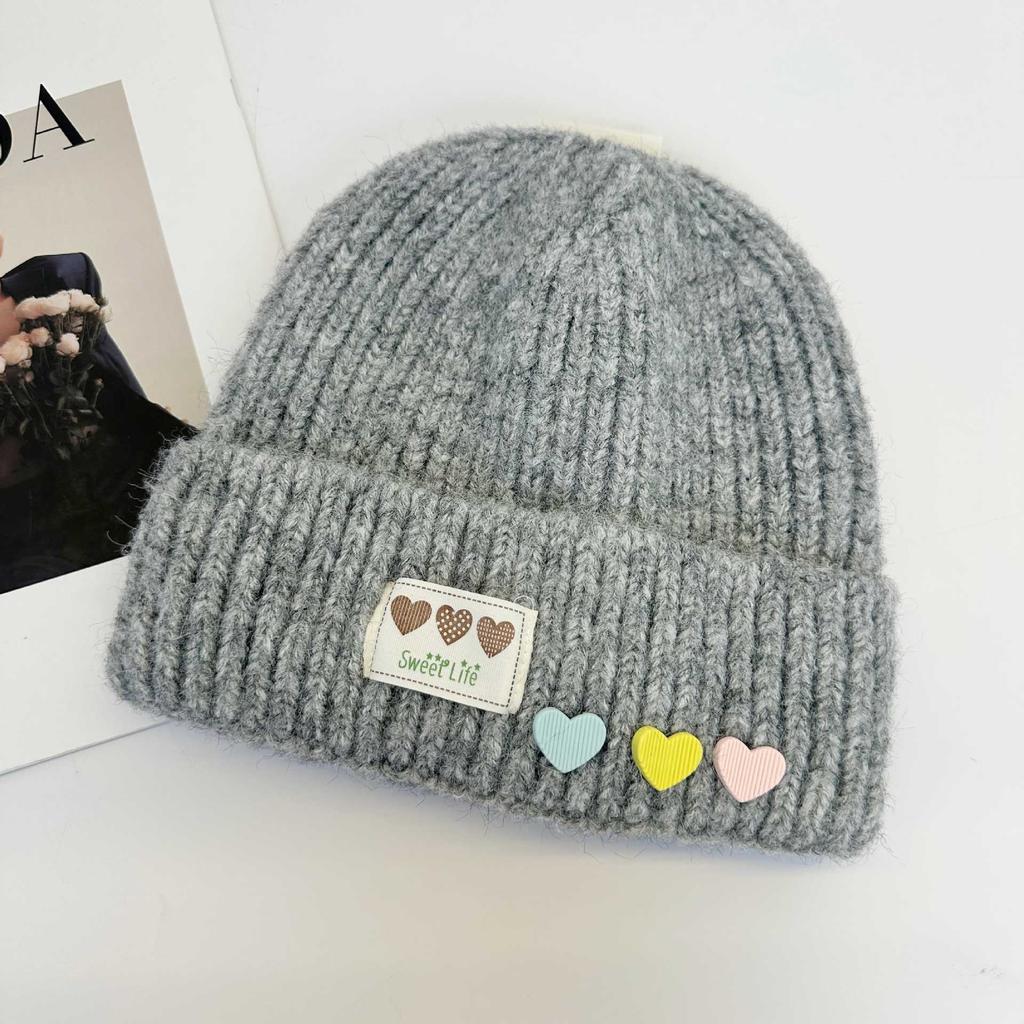 Color Love Cloth Label Knitted Hat Women, Soft Waxy Vertical Curled Edge Cold Hat, Sweet Wool Hat In Autumn and Winter
