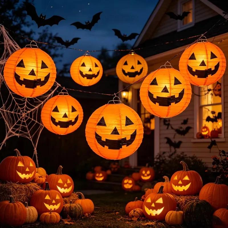 6 Stück Halloween Party Kürbis Papierlaterne für Haus Garten Innen Außen Dekoration Hängende Ornamente Horror Requisiten Ohne LED