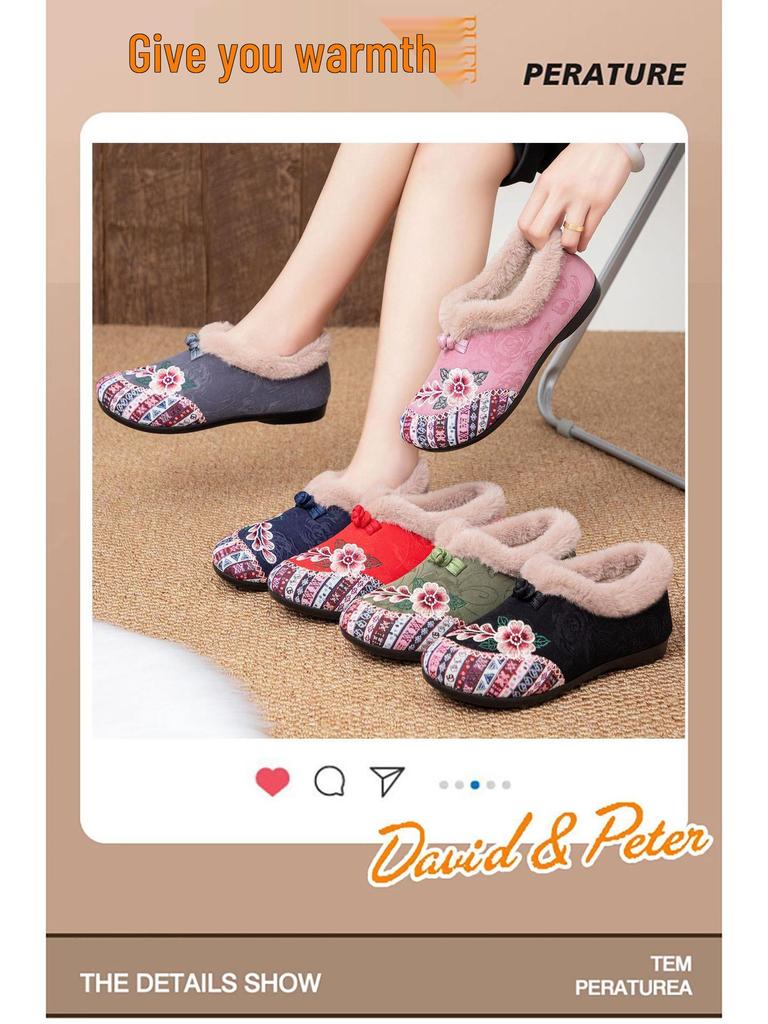 Damen Bestickte Samt Slipper Baumwolle Winterschuhe, Ethnischer Stil, Übergröße, Pelzig