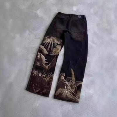 Europese en Amerikaanse buitenlandse handel bedrukte jeansknop grote maat hoge taille gewassen rechte pijp losse jeans dames