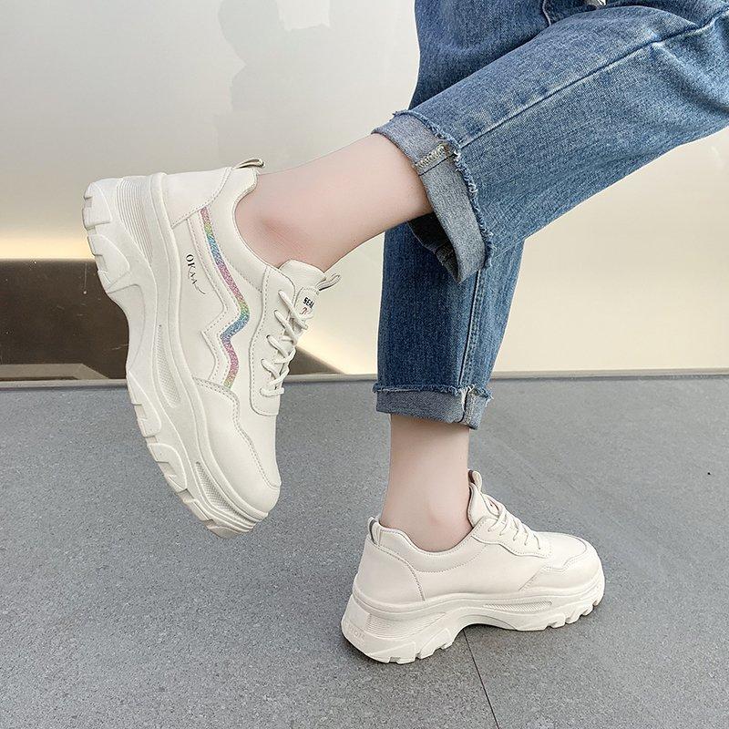 Sneakers new round head fashion color matching light mouth lace-up casual inner height increase student single shoes women's shoes