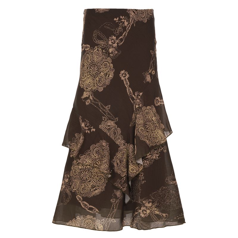 

H Семья Европейская и Американская Женская Одежда Винтажный Стиль Растительный Принт Асимметричные Воланы Юбка Винтажная Длинная Юбка для Женщин Brown L