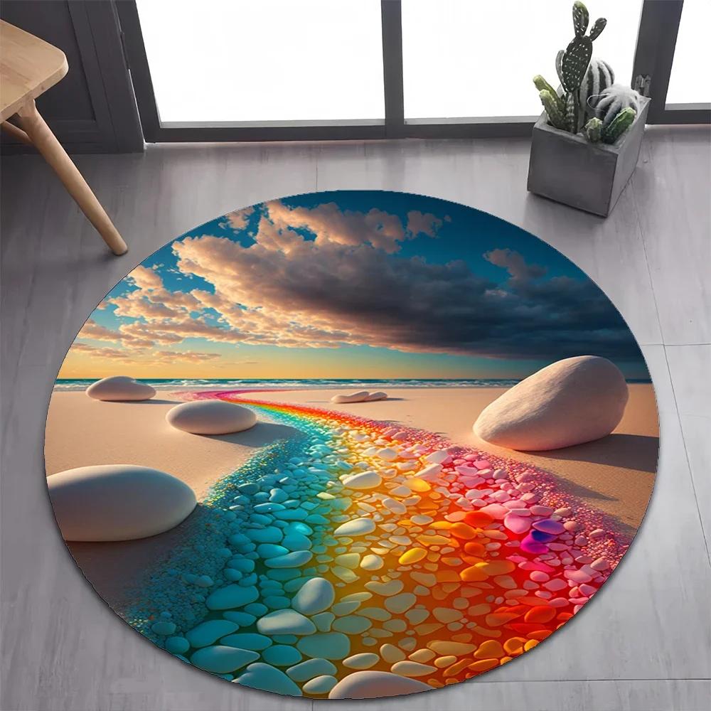 2025 New Style Colorful Rainbow Pebble Road Beach Stone Round Carpet Rug for Bedroom Living Room Decoration,pet Decor Floor Mat