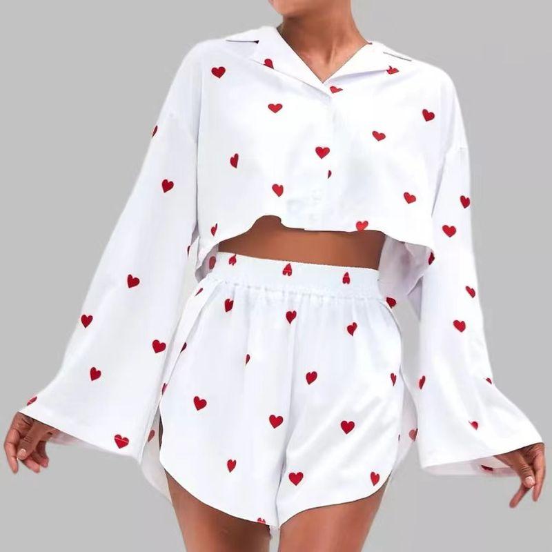 

Fashion Heart Printing Tops Slit Shorts Suit Love Printed Top and Shorts Set White L